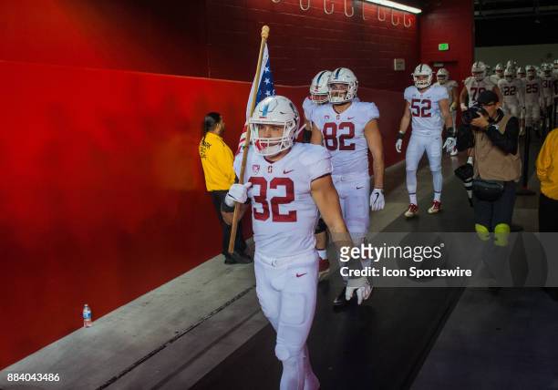 Stanford Cardinal linebacker Joey Alfieri leads the team out of the player entrance tunnel prior to the Pac-12 Championship game between the Stanford...