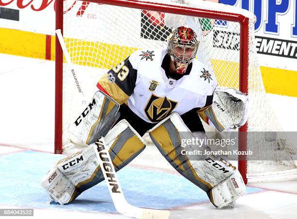 Goaltender Maxime Lagace of the Vegas Golden Knights guards the net during second period action against the Winnipeg Jets at the Bell MTS Place on...