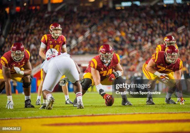 Trojans center Nico Falah gets set to hike the ball during the Pac-12 Championship game between the Stanford Cardinal and the USC Trojans on December...