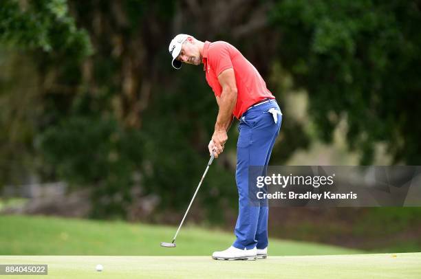 Michael Hendy of New Zealand putts on the 13th hole during day three of the 2017 Australian PGA Championship at Royal Pines Resort on December 2,...