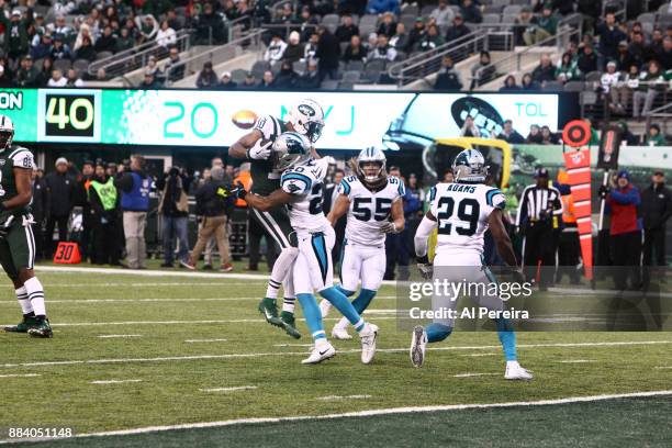 Wide Receiver Jermaine Kearse of the New York Jets in action against the Carolina Panthers during their game at MetLife Stadium on November 26, 2017...