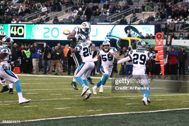 Wide Receiver Jermaine Kearse of the New York Jets in action against the Carolina Panthers during their game at MetLife Stadium on November 26, 2017...