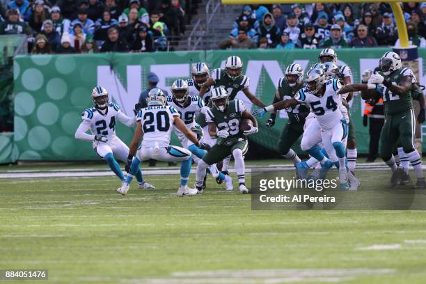 Running Back Bilal Powell of the New York Jets in action against the Carolina Panthers during their game at MetLife Stadium on November 26, 2017 in...