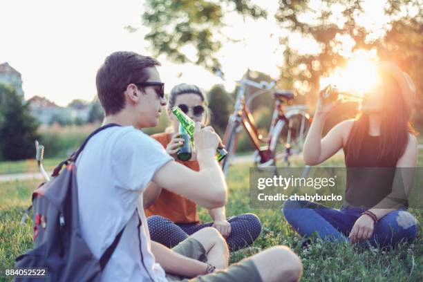 vrienden bier drinken bij zonsondergang - drinking beer festival stockfoto's en -beelden