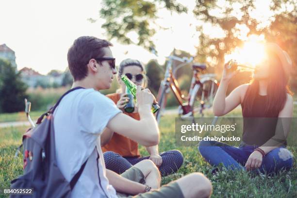 friends drinking beer at sunset - alcohol stock pictures, royalty-free photos & images