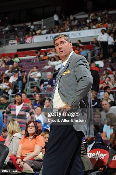 Head Coach Bill Laimbeer of the Detroit Shock on the sideline during a game against the Washington Mystics on June 10, 2009 at The Palace of Auburn...