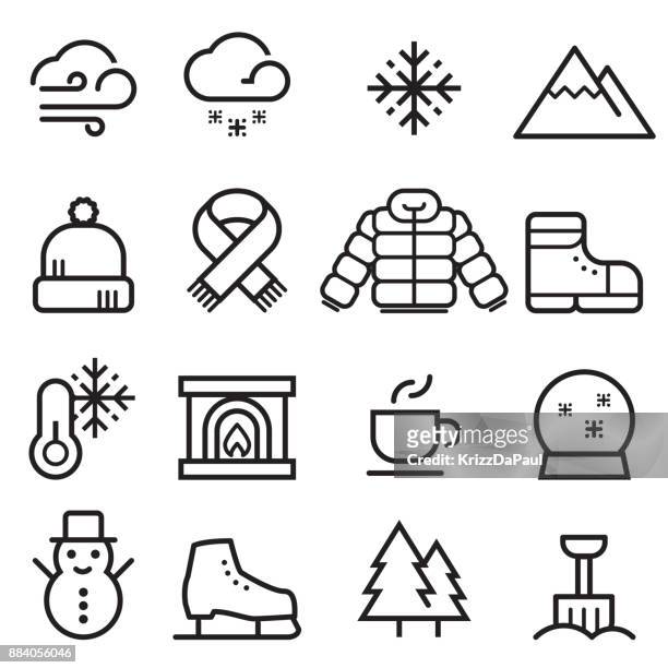 ilustrações de stock, clip art, desenhos animados e ícones de winter thin line icons - roupa quente