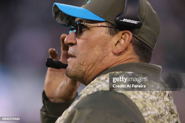 Head Coach Ron Rivera of the Carolina Panthers in action against the New York Jets during their game at MetLife Stadium on November 26, 2017 in East...