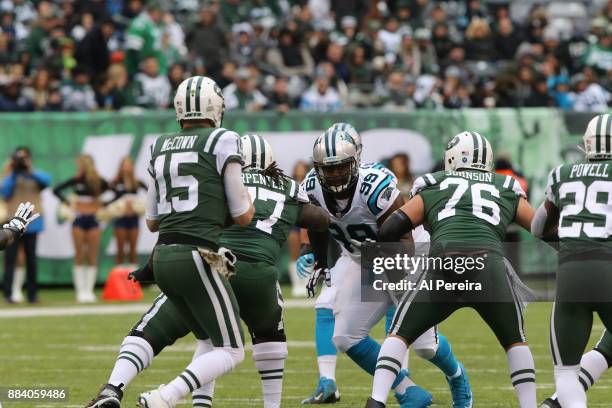 Defensive Tackle Kawann Short of the Carolina Panthers in action against the New York Jets during their game at MetLife Stadium on November 26, 2017...