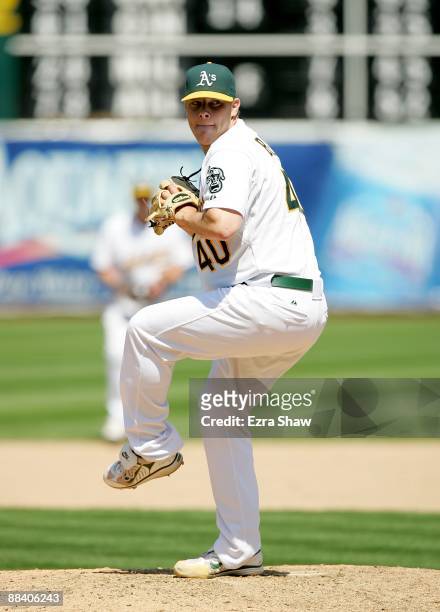 Andrew Bailey of the Oakland Athletics pitches against the Baltimore Orioles at the Oakland Coliseum on June 7, 2009 in Oakland, California.