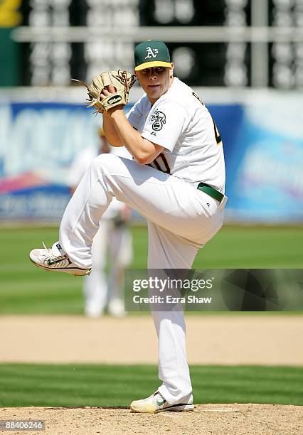 Andrew Bailey of the Oakland Athletics pitches against the Baltimore Orioles at the Oakland Coliseum on June 7, 2009 in Oakland, California.