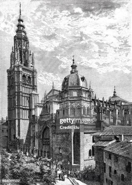 cathedral in toledo, spain - shipyard stock illustrations