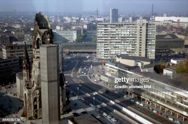 Berlin Charlottenburg, Berlin West city, view from the Europa-Center towards Breitscheid-Platz with Kaiser Wilhelm Memorial Church