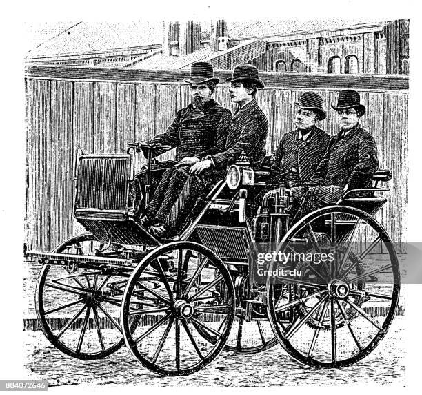 erstes auto auf der straße mit einem motor von daimler - invented car stock-grafiken, -clipart, -cartoons und -symbole
