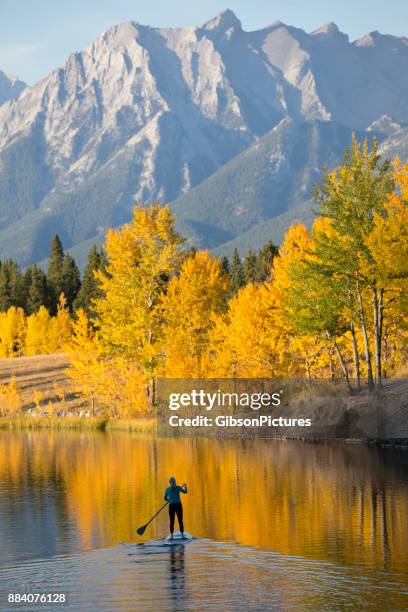 autumn stand up paddleboard adventure - canmore alberta stock pictures, royalty-free photos & images