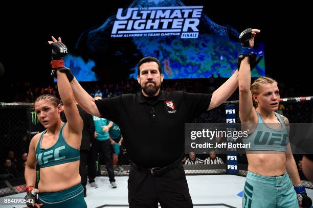 The women's flyweight bout between DeAnna Bennett and Melinda Fábián is declared a draw during the TUF Finale event inside Park Theater on December...