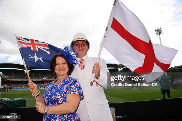 Fans ejoy the atmosphere during day one of the Second Test match during the 2017/18 Ashes Series between Australia and England at Adelaide Oval on...