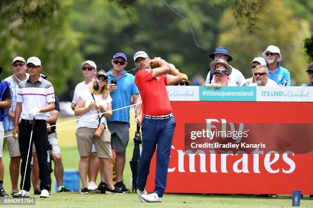 Michael Hendry of New Zealand drives from the 12th hole during day three of the 2017 Australian PGA Championship at Royal Pines Resort on December 2,...