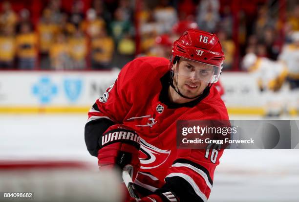 Marcus Kruger of the Carolina Hurricanes shoots the puck during warmups prior to an NHL game against the Nashville Predators on November 26, 2017 at...