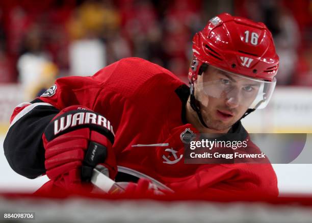 Marcus Kruger of the Carolina Hurricanes shoots the puck during warmups prior to an NHL game against the Nashville Predators on November 26, 2017 at...