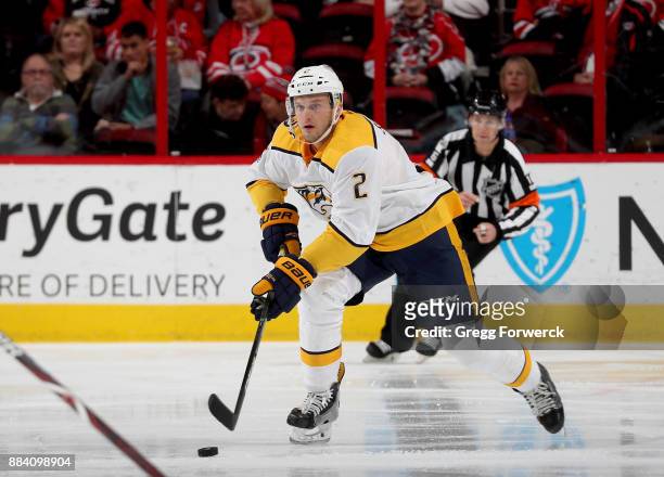 Anthony Bitetto of the Nashville Predators skates with the puck during an NHL game against the Carolina Hurricanes on November 26, 2017 at PNC Arena...