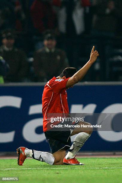 Chile's Alexis Sanchez celebrates his goal against Bolivia during a 2010 FIFA World Cup South American qualifier at the Nacional Stadium on June 10,...