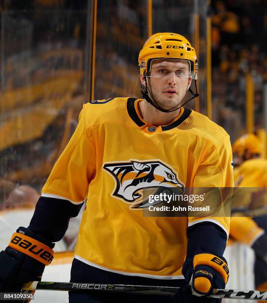 Anthony Bitetto of the Nashville Predators skates against the Chicago Blackhawks during an NHL game at Bridgestone Arena on November 28, 2017 in...