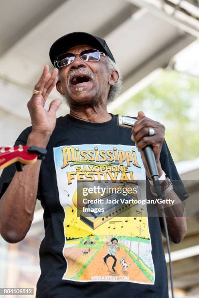 American Blues and R&B musician Lazy Lester performs, with the Rockin' Johnny Band, on the Front Porch Stage at the 33rd Annual Chicago Blues...
