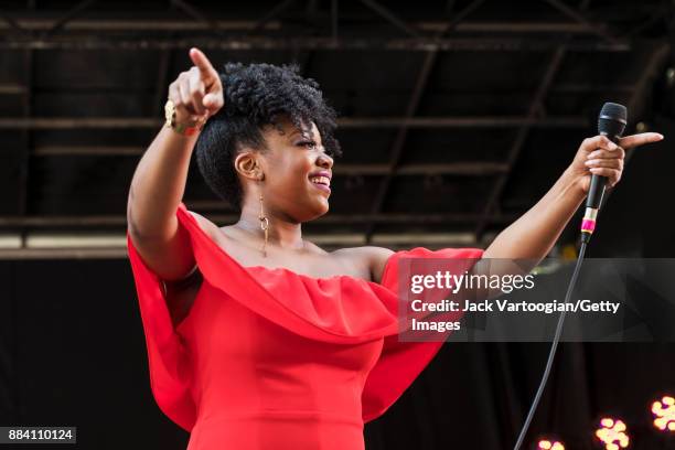 American Jazz vocalist Alicia Olatuja performs with her band on the final day of the 25th Annual Charlie Parker Jazz Festival in Tompkins Square...