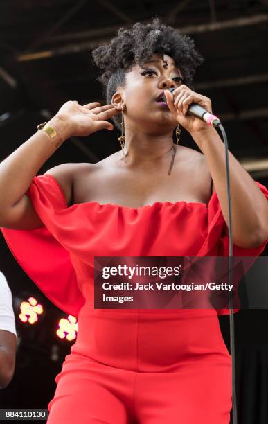 American Jazz vocalist Alicia Olatuja performs with her band on the final day of the 25th Annual Charlie Parker Jazz Festival in Tompkins Square...