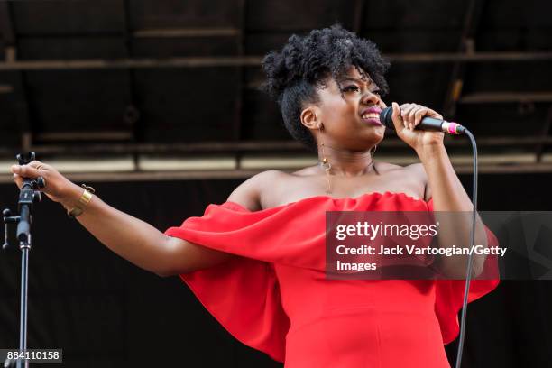 American Jazz vocalist Alicia Olatuja performs with her band on the final day of the 25th Annual Charlie Parker Jazz Festival in Tompkins Square...