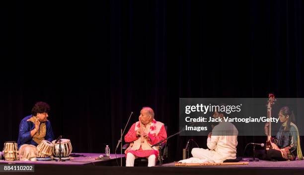 Indian classical musicians, from left, Subhankar Banerjee, on tabla, group leader Hariprasad Chaurasia & Jay Gandhi, both on bansuri , and Mashal...