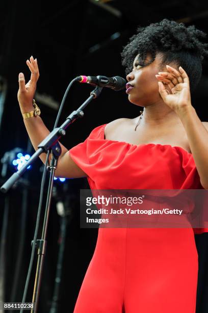 American Jazz vocalist Alicia Olatuja performs with her band on the final day of the 25th Annual Charlie Parker Jazz Festival in Tompkins Square...