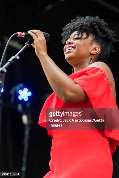American Jazz vocalist Alicia Olatuja performs with her band on the final day of the 25th Annual Charlie Parker Jazz Festival in Tompkins Square...