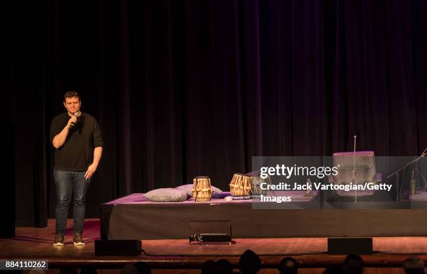 The World Music Institute's Artistic Director Par Neiburger speaks onstage before a concert at the 92nd Street Y's Kaufmann Concert Hall, New York,...