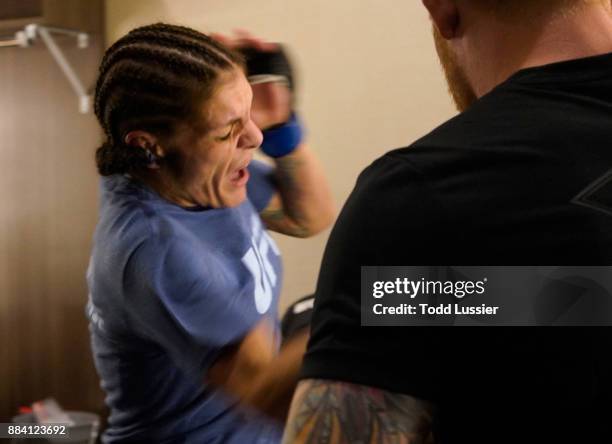 Lauren Murphy warms up prior to her bout against Barb Honchak during the TUF Finale event inside Park Theater on December 01, 2017 in Las Vegas,...