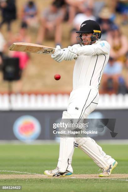 Tom Blundell of New Zealand bats during day two of the Test match series between New Zealand Blackcaps and the West Indies at Basin Reserve on...