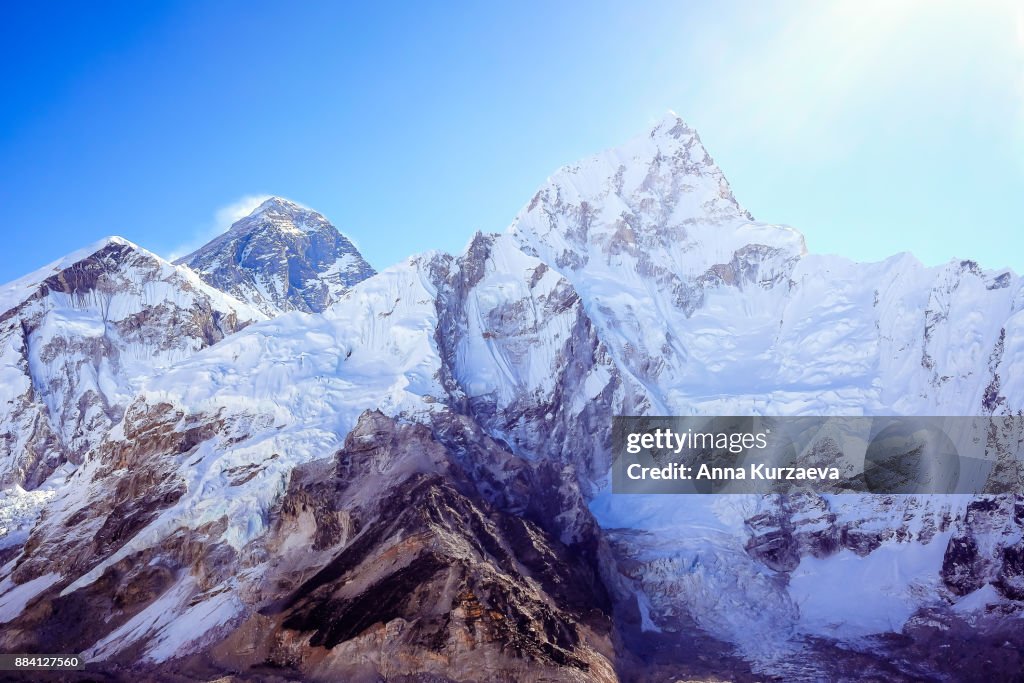 The beautiful landscape with the snow mountains including Mt. Everest and Mt. Lhotse from the peak of Kala Patthar in Himalayas, Nepal