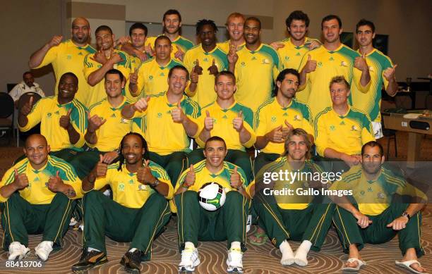 Springbok squad show their support for Bafana Bafana in the Confederations Cup on June 10, 2009 in Durban, South Africa. The Springbok team will face...