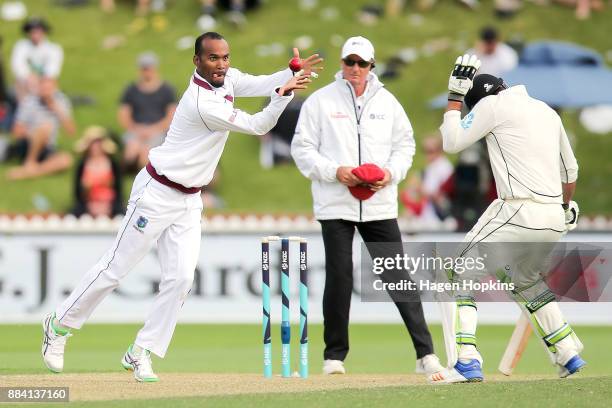 Kraigg Brathwaite of the West Indies fields off his own bowling during day two of the Test match series between New Zealand Blackcaps and the West...