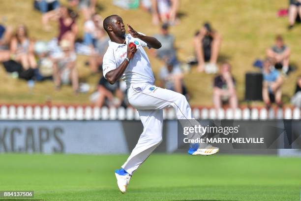 West Indies' Kemar Roach bowls during day two of the first Test cricket match between New Zealand and the West Indies at the Basin Reserve in...