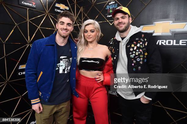 Andrew Taggart, Bebe Rexha and Alex Pall of The Chainsmokers pose in the press room during 102.7 KIIS FM's Jingle Ball 2017 presented by Capital One...