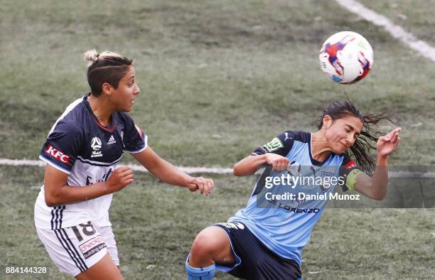 Tiffany Eliadis of Melbourne fights for a high ball against Teresa Polias of Sydney FC during the round six W-League match between Sydney FC and...