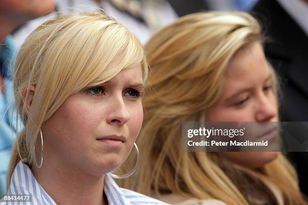 Sisters of murdered schoolboy Ben Kinsella, Brooke and Jade stand outside the Old Bailey on June 11, 2009 in London. Three men have been found guilty...