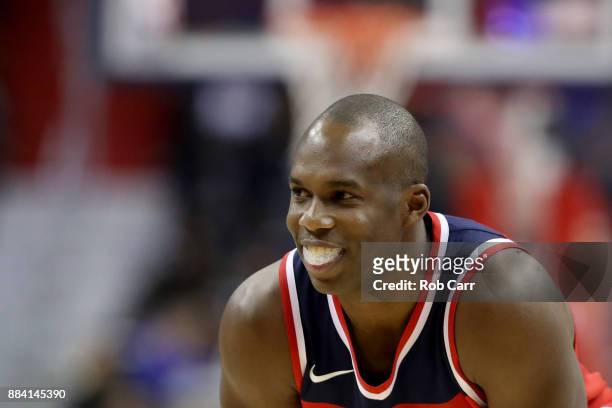 Jodie Meeks of the Washington Wizards smiles in the second half against the Detroit Pistons at Capital One Arena on December 1, 2017 in Washington,...