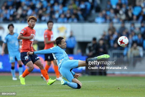 Yu Kobayashi of Kawasaki Frontale scores his side's third goal during the J.League J1 match between Kawasaki Frontale and Omiya Ardija at Todoroki...