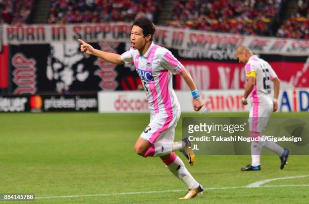 Kim Min Hyeok of Sagan Tosu celebrates scoring his side's second goal during the J.League J1 match between Consadole Sapporo and Sagan Tosu at...