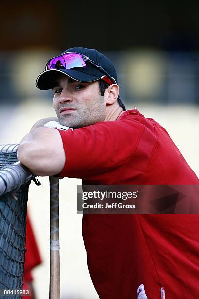 Conor Jackson of the Arizona Diamondbacks takes batting practice prior to the game against the Los Angeles Dodgers at Dodger Stadium on May 5, 2009...