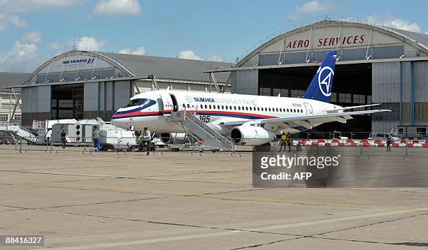 The new Russian plane, the Sukhoi Superjet 100, stands on the tarmac on June 11, 2009 during the preparation days prior the opening of the week long...