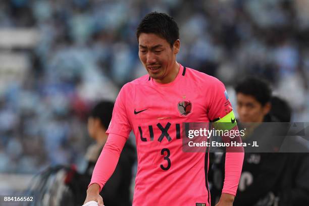 Gen Shoji of Kashima Antlers sheds tears after the scoreless draw and missing the title in the J.League J1 match between Jubilo Iwata and Kashima...